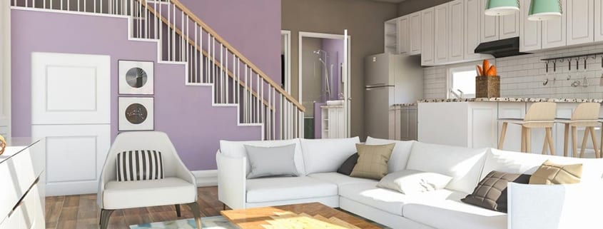 A custom tiny house for sale featuring a 3D rendering of a living room with purple walls.