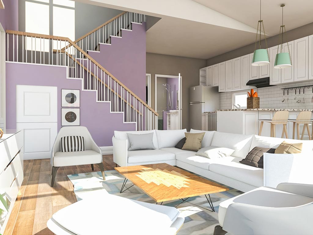 A custom tiny house for sale featuring a 3D rendering of a living room with purple walls.