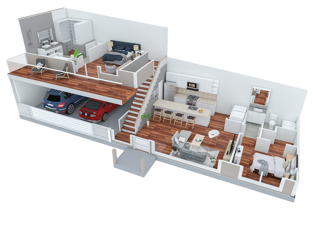 A 3D rendering of a mini home.
