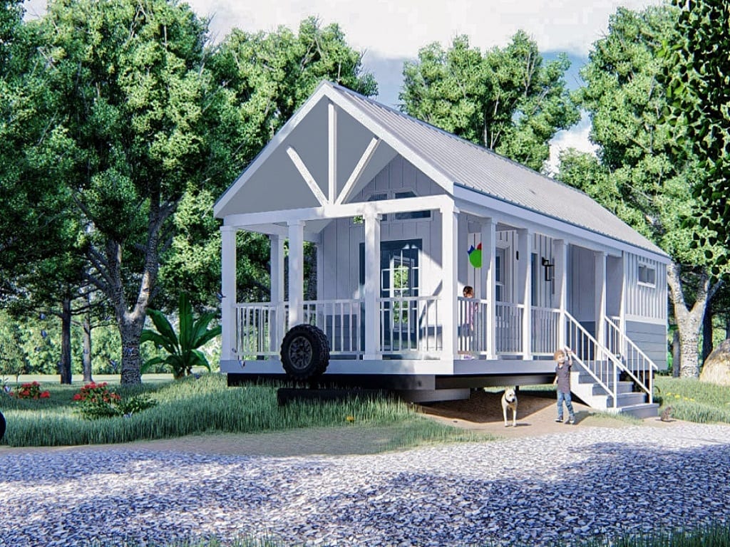 A rendering of a custom tiny house with a porch.