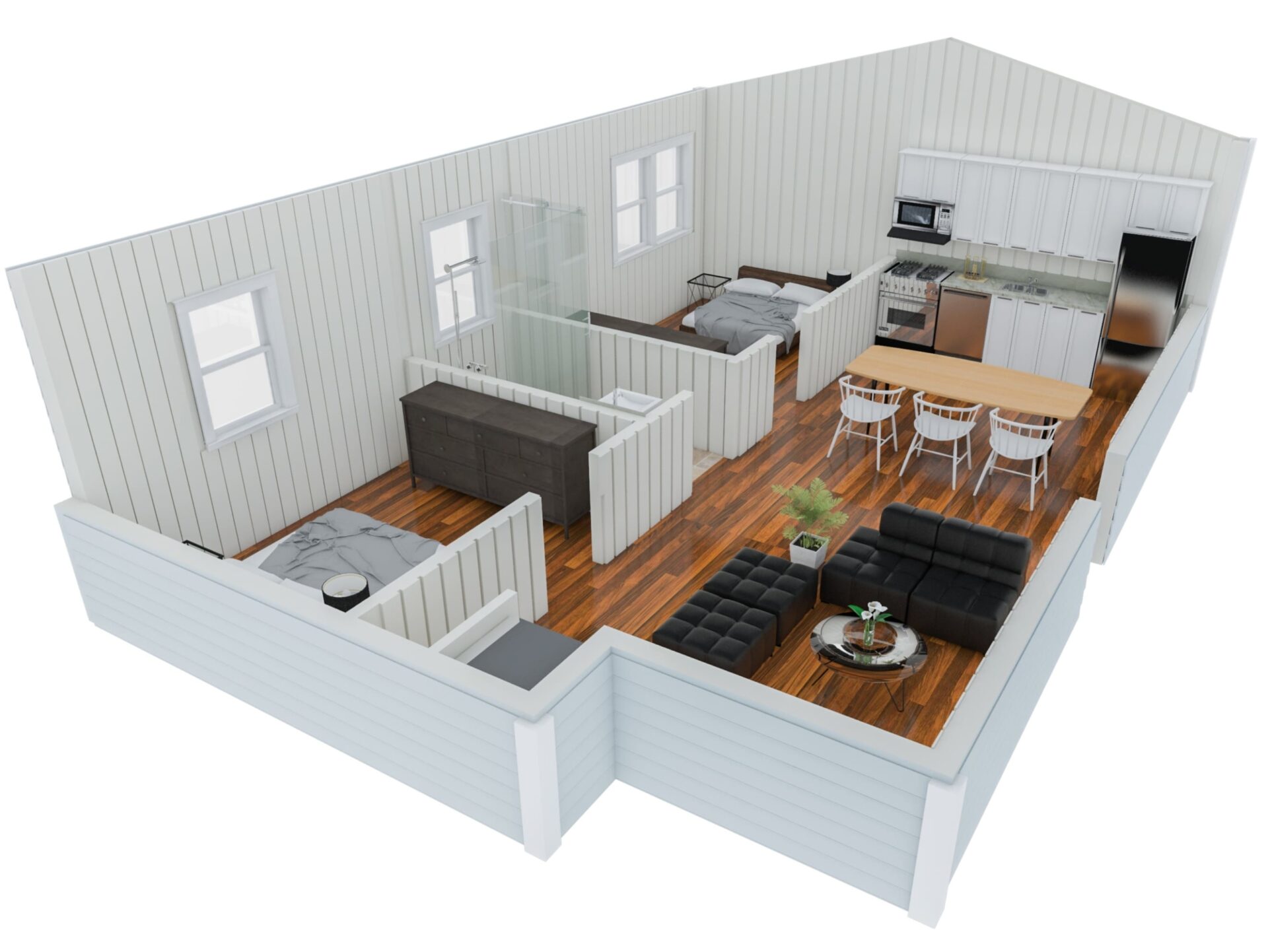 A 3D rendering of a tiny house with a kitchen and living room, for sale or as a mini house.