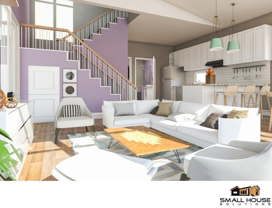 A 3D rendering of a small living room in a mini house.