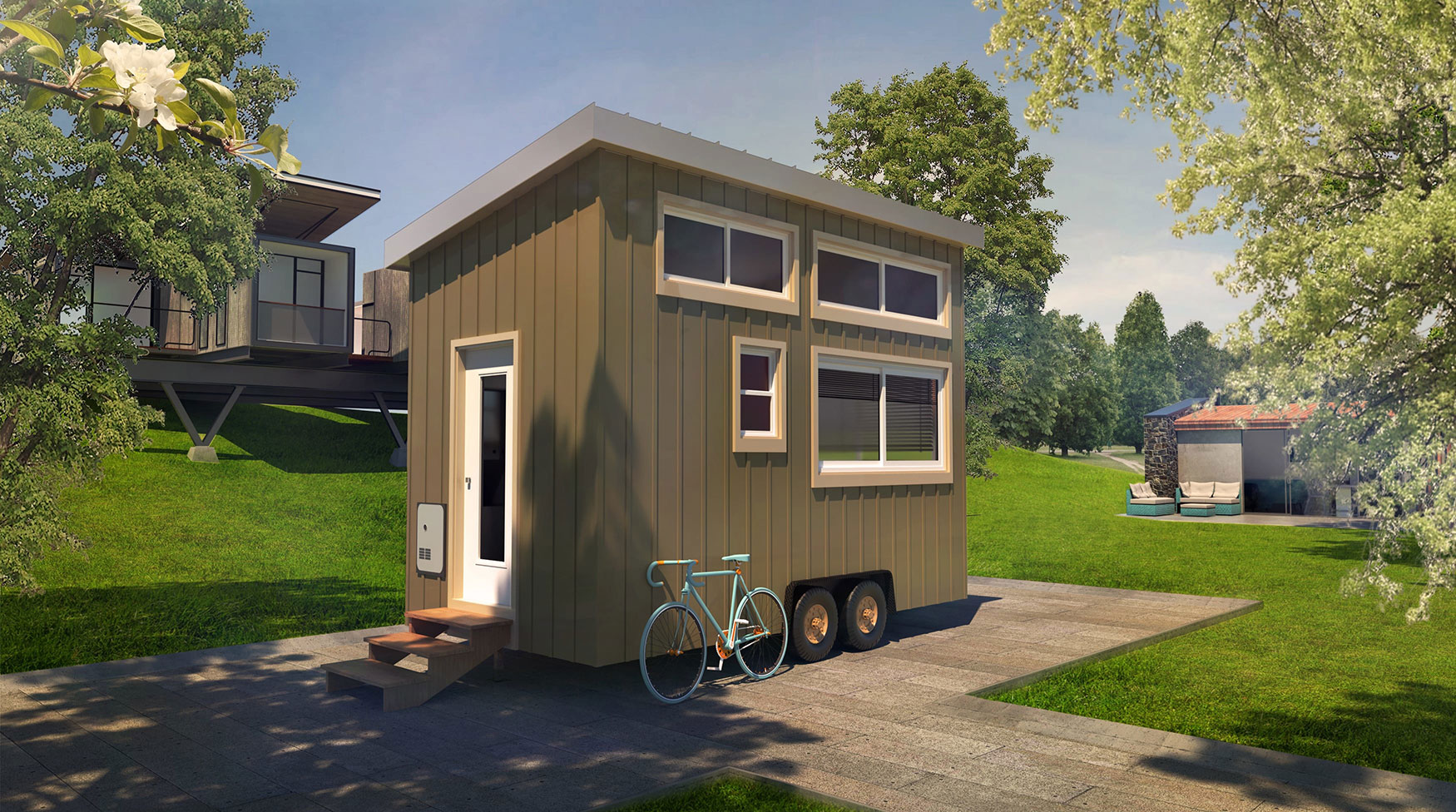 A for sale rendering of a tiny home with a bicycle.