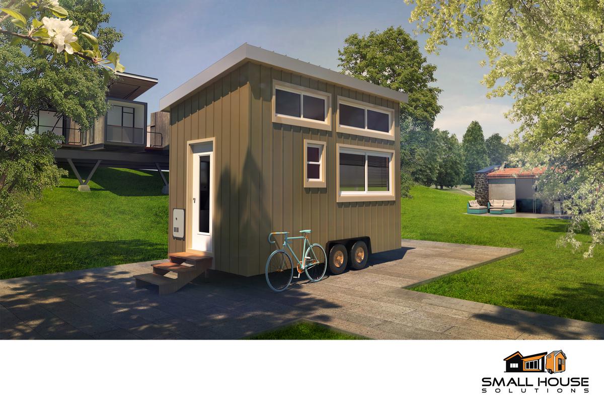 A rendering of a mini home for sale, complete with a bicycle.