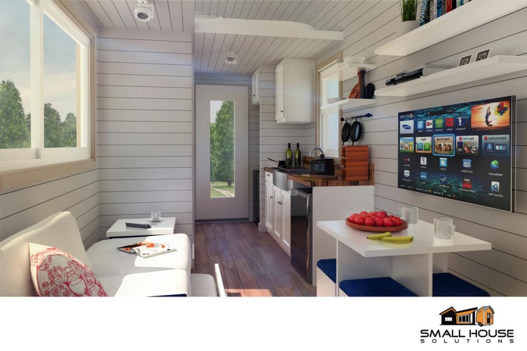 A for sale custom home with a tv, designed as a tiny house.