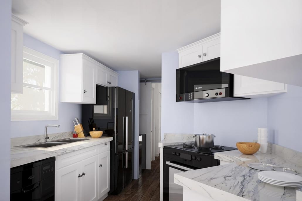 A small custom home with white cabinets and marble counter tops.