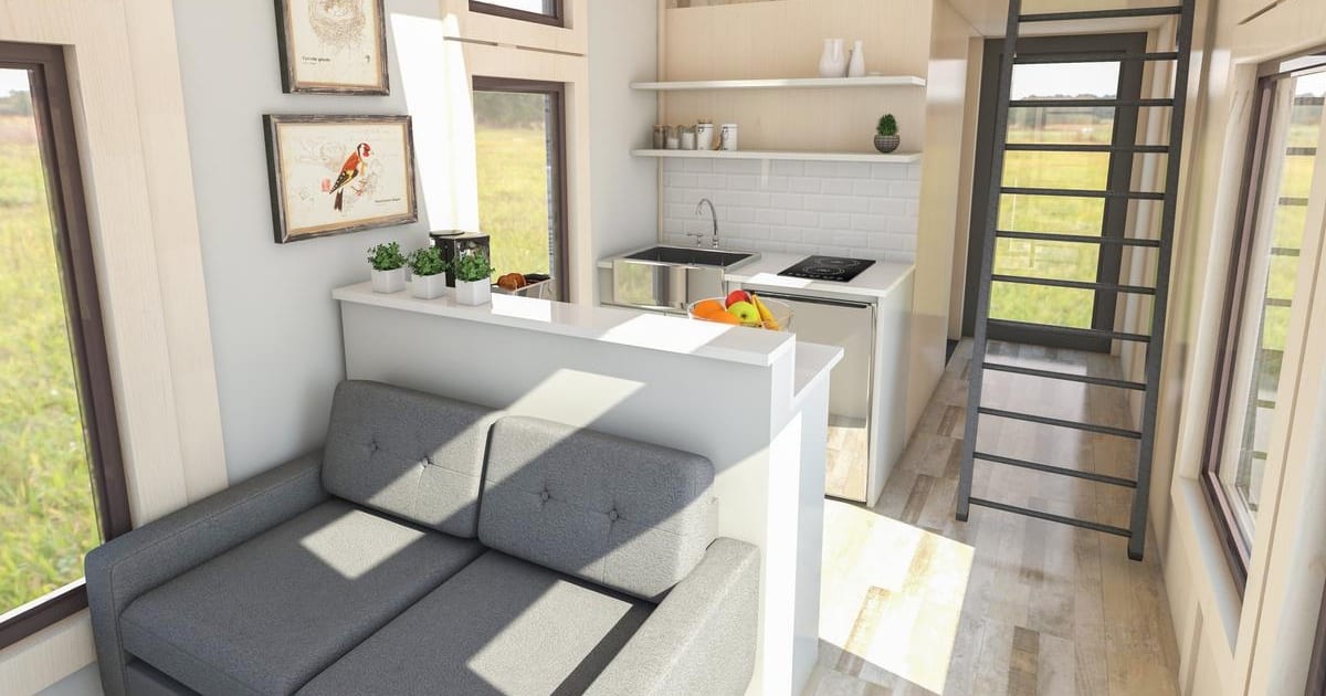 A rendering of a custom mini home with a kitchen and living room.