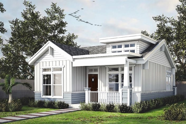 A rendering of a tiny house with a porch.