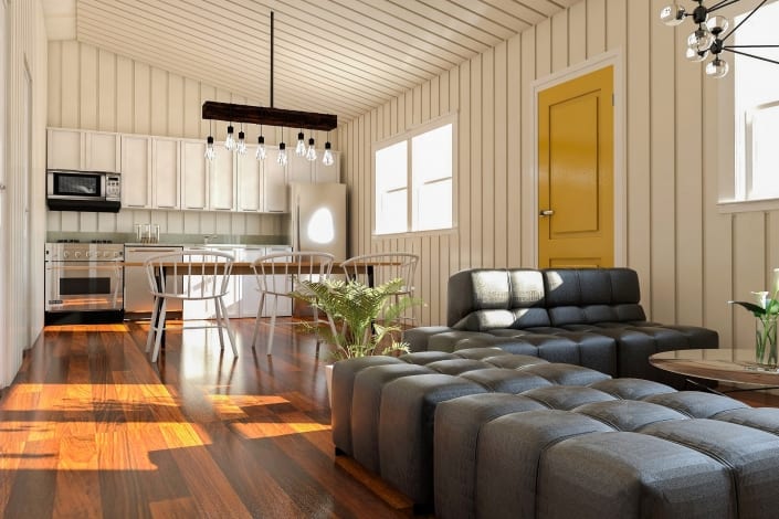 A 3d rendering of a living room in a custom tiny house.
