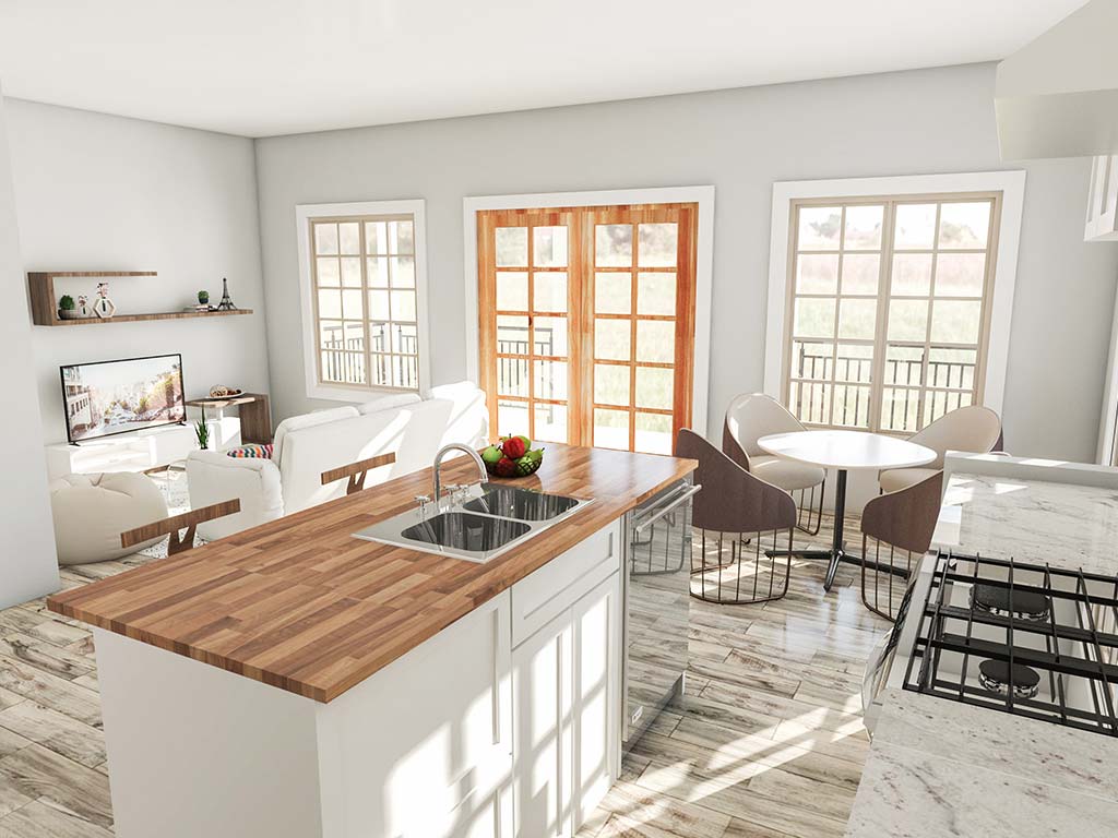 A 3D rendering of a tiny house kitchen and living room for sale.