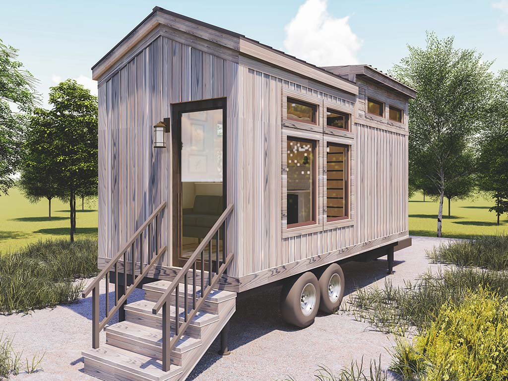 A rendering of a custom tiny home on wheels.