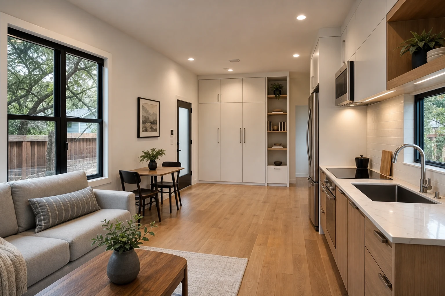 Compact Austin ADU interior with open kitchen, living area, storage wall, large windows, and wood flooring