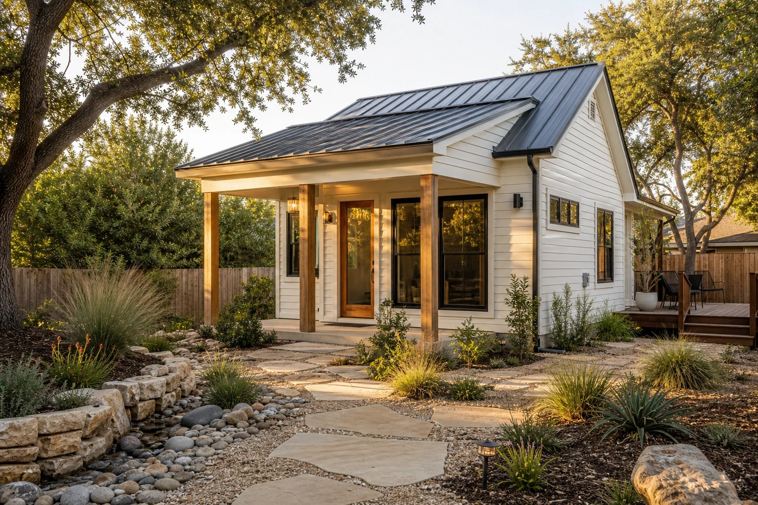 Detached Austin ADU with white siding, metal roof, live oak trees, limestone path, and native landscaping