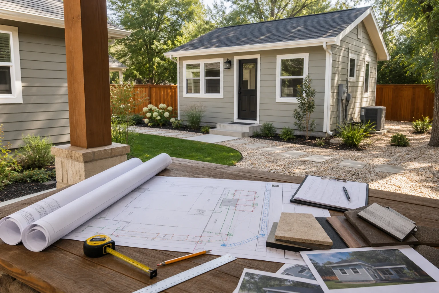 ADU site planning table with plans and a finished backyard dwelling in the background