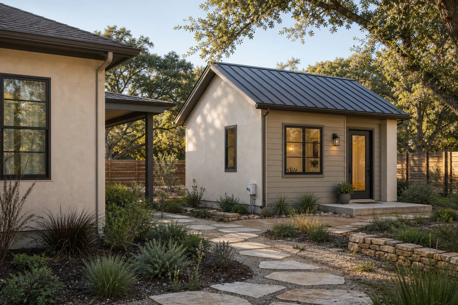 Detached backyard ADU beside a primary Texas home with native landscaping
