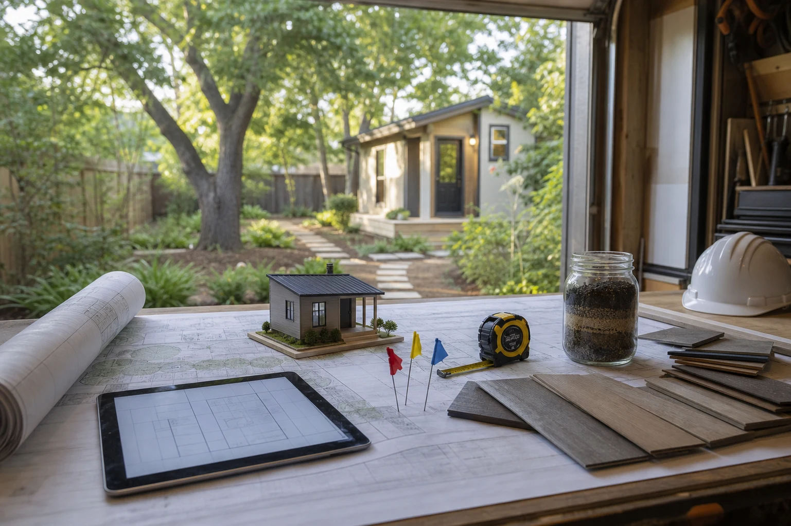 ADU builders Fern Hill planning table with site plan, model backyard dwelling, utility flags, material samples, soil jar, and yard view