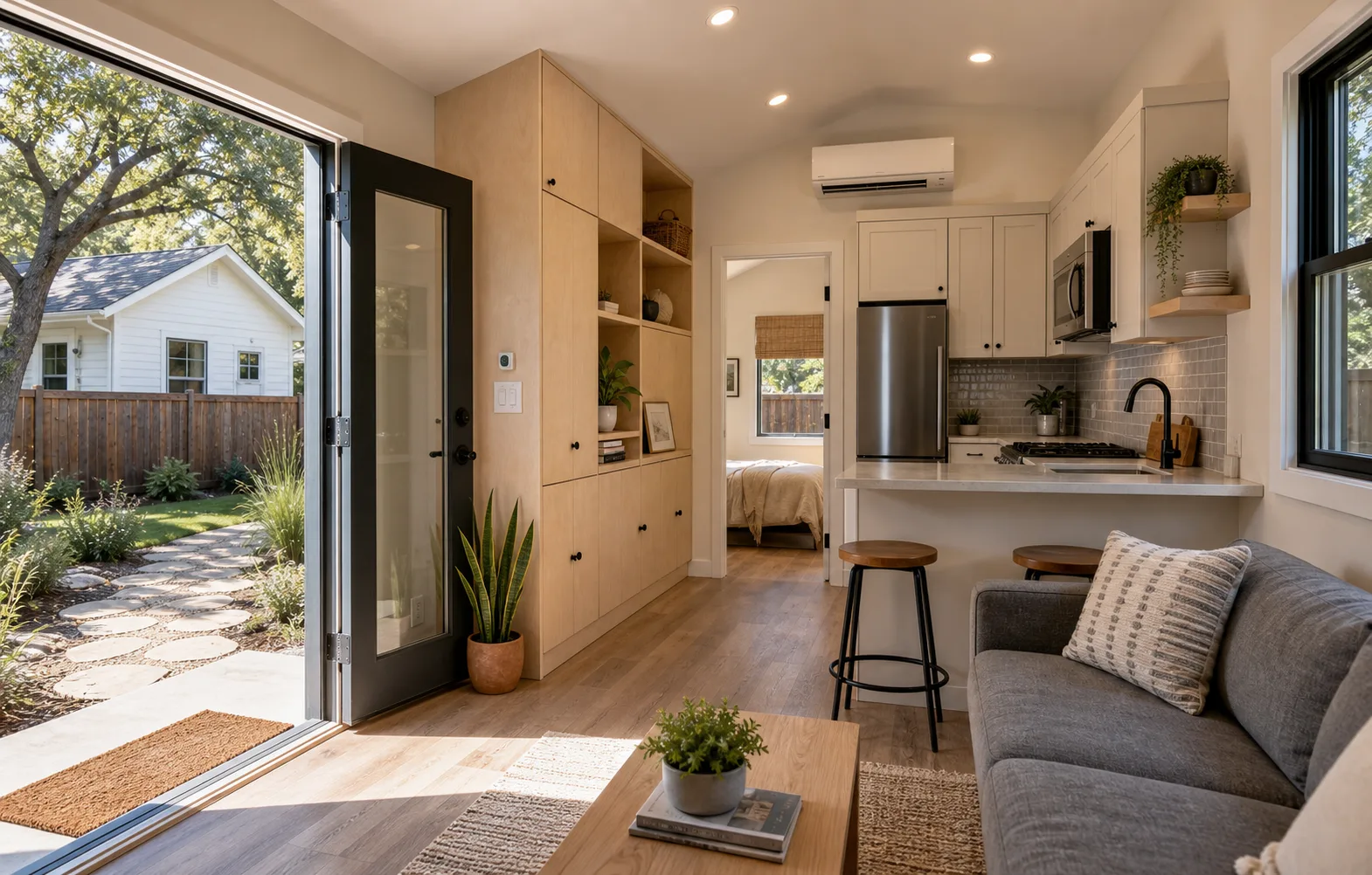 Compact ADU house interior with kitchen storage living space and daylight
