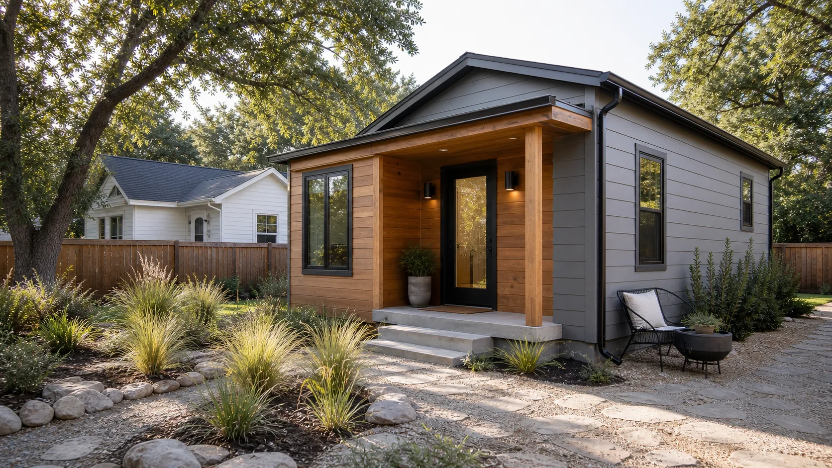 Detached ADU house in an Austin backyard with a primary home behind it