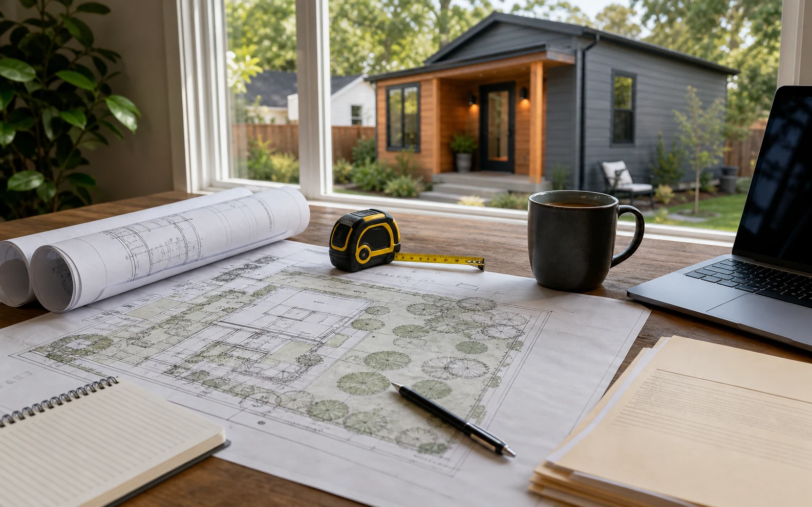 ADU Texas permit planning table with drawings and a backyard accessory dwelling unit visible outside