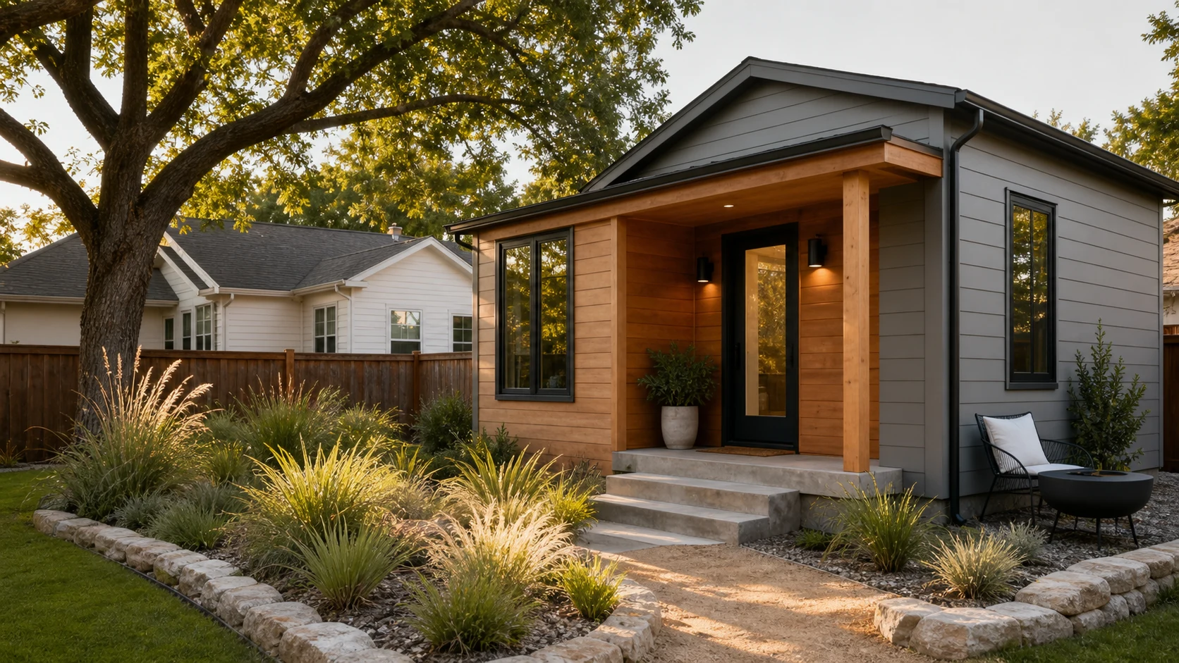 Detached ADU in a Texas backyard with a primary home nearby