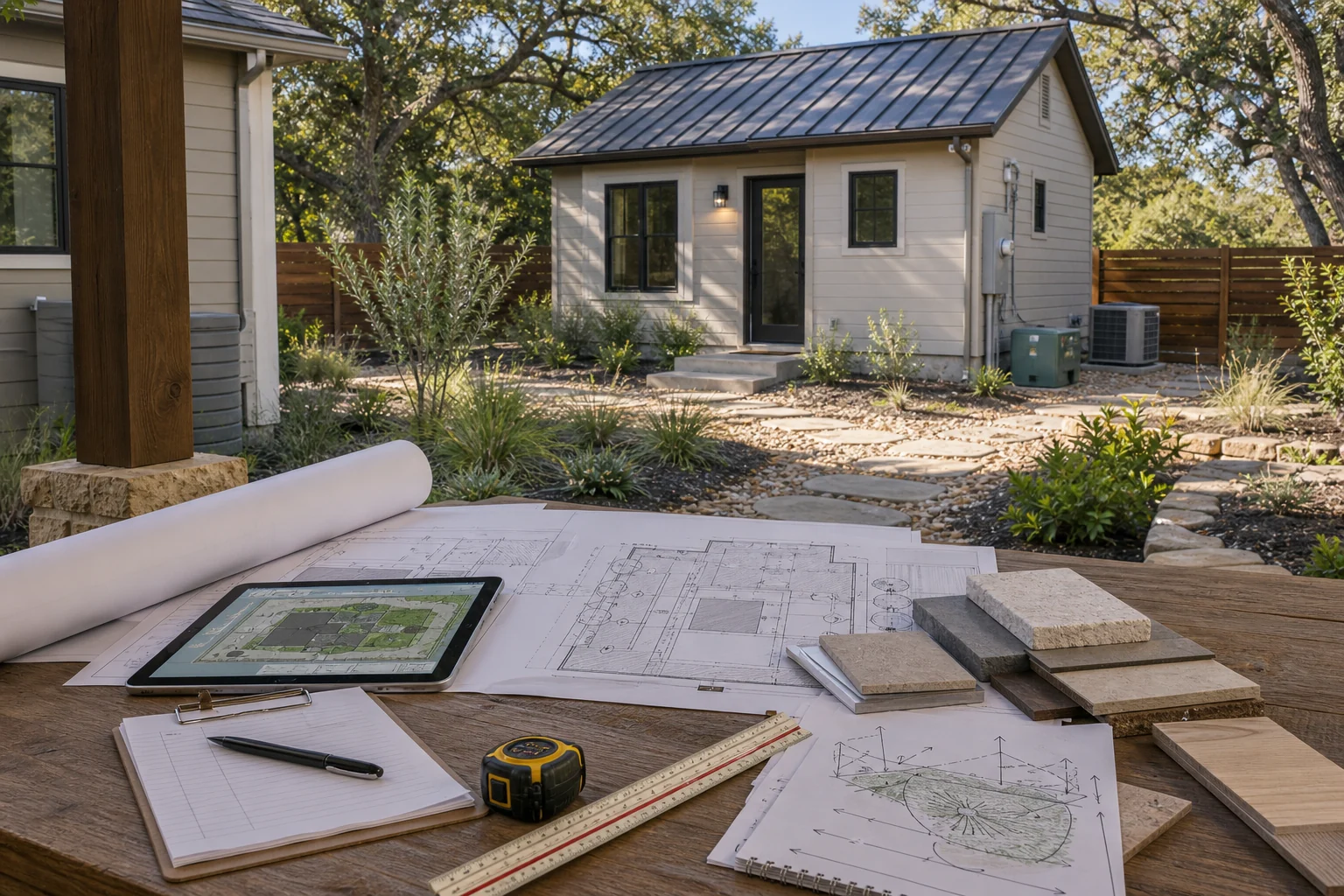 Austin ADU builder planning table with site plans and a backyard dwelling in the background