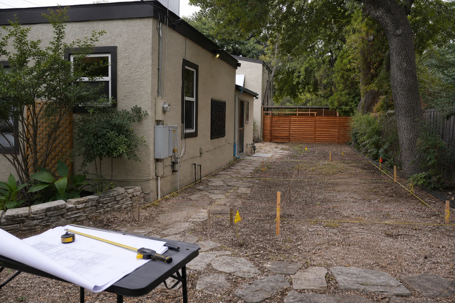 Austin ADU permit planning with site plan, utility flags, side yard access, and survey lines