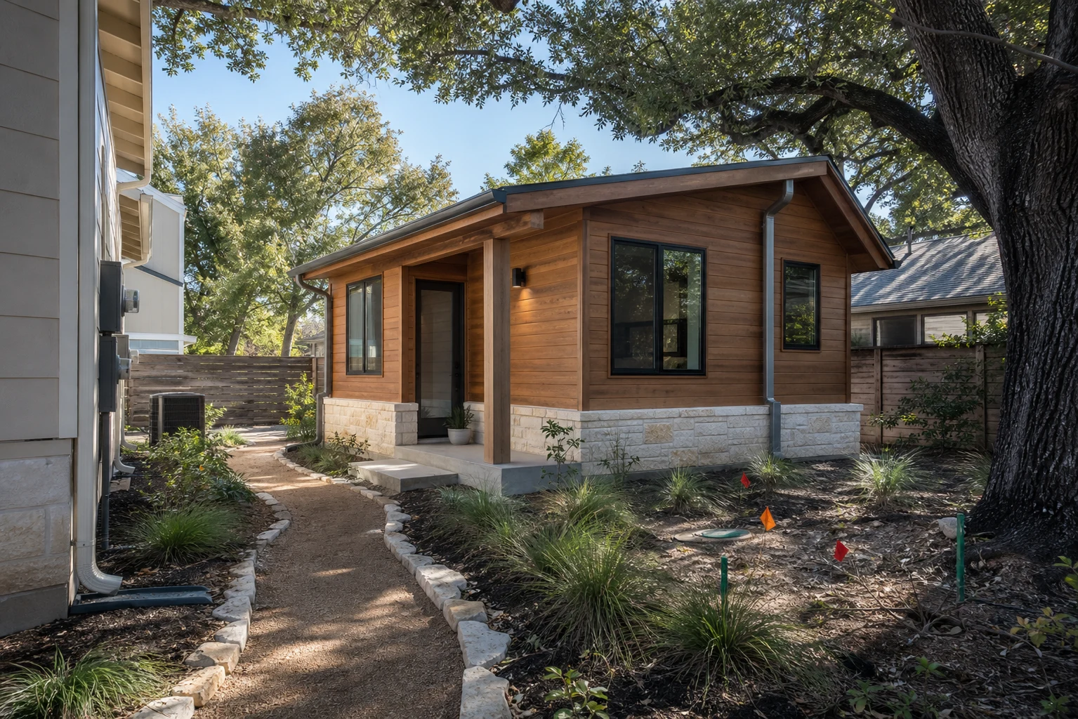Austin backyard ADU with side access path, utility area, and live oak shade