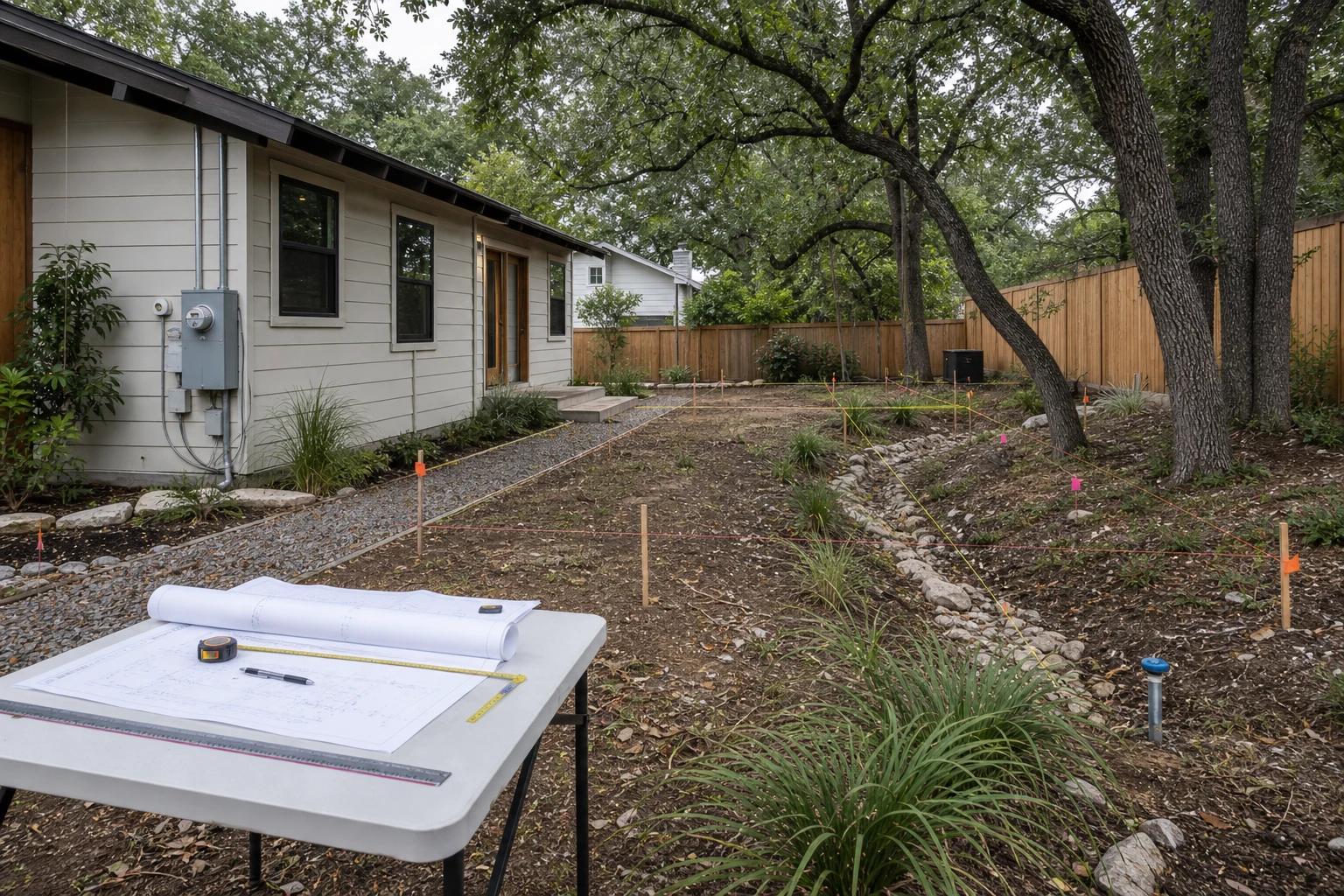Austin HOME Initiative site planning with utility meter, drainage swale, plan sheets, survey stakes, and tree canopy