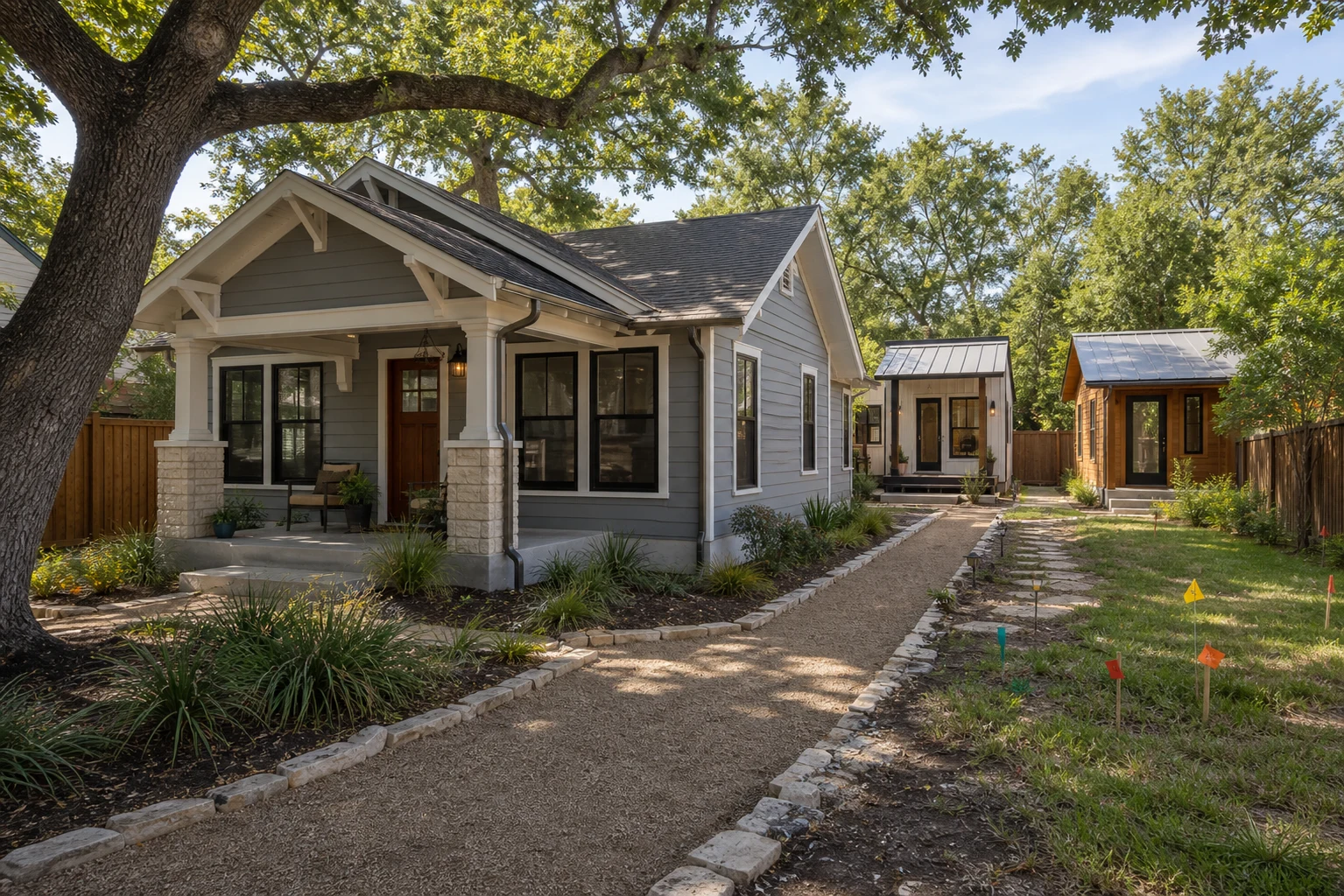 Austin HOME Initiative property with preserved bungalow, two small housing units, side access, and survey flags