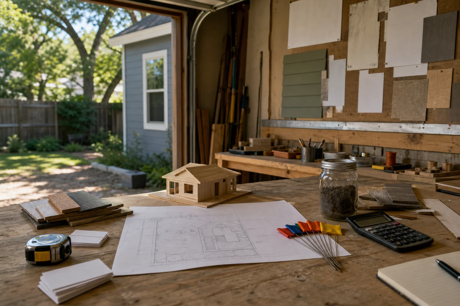 Austin housing market garage workbench with site plan, small-house model, material samples, soil jar, calculator, and utility flags