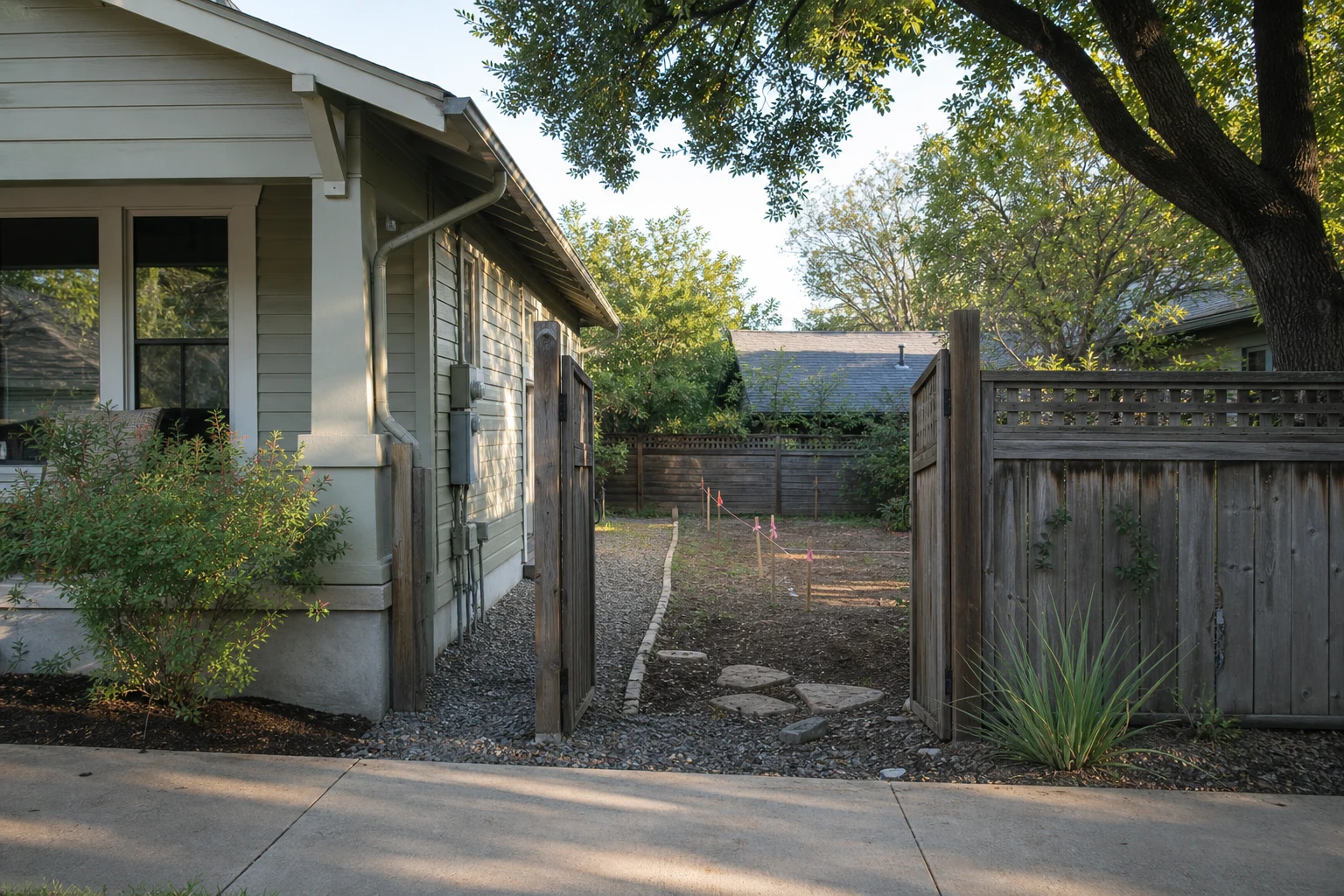 Austin housing market side-gate view with bungalow, utility meters, survey flags, and backyard buildable area