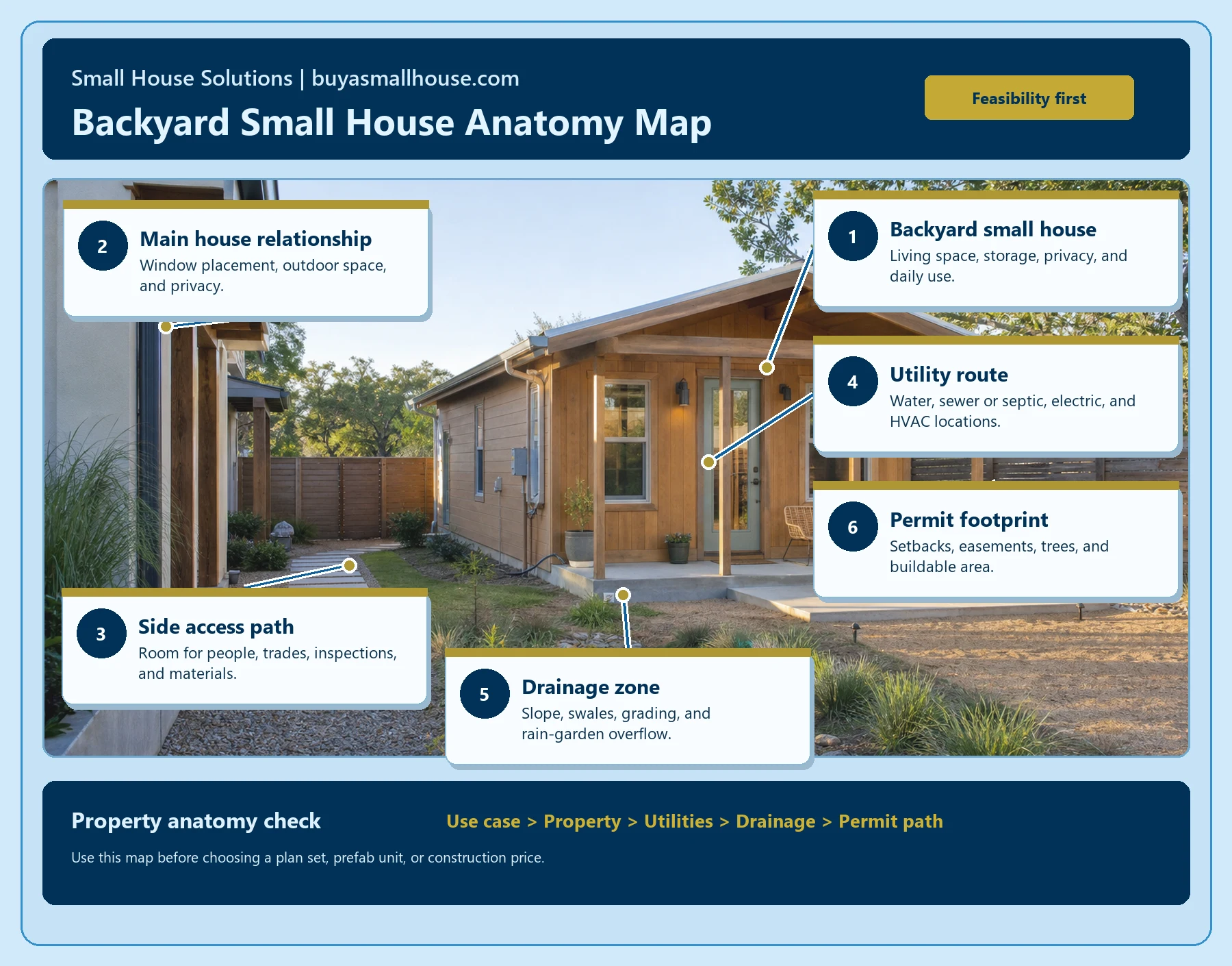 Backyard small house anatomy map showing dwelling placement main house relationship side access utilities drainage and permit footprint
