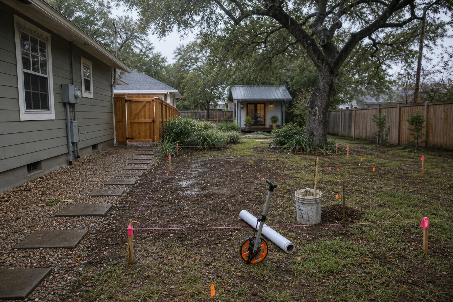Backyard small house feasibility site layout with utility flags and measuring wheel