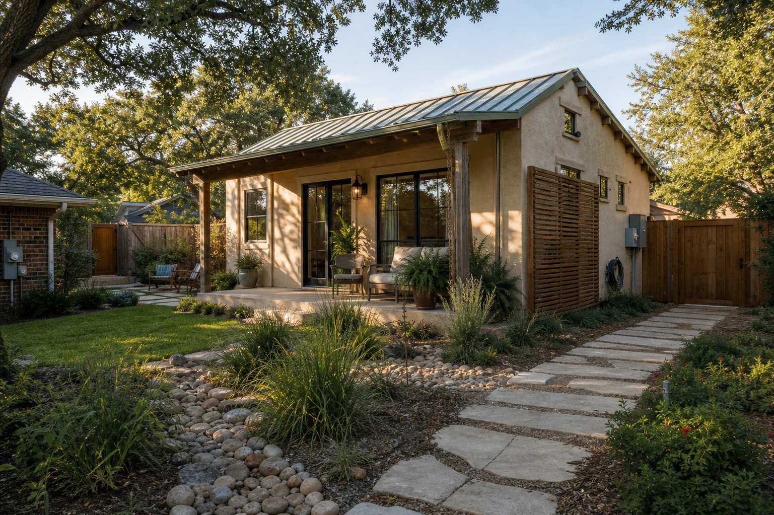 Small backyard house behind a primary home with native landscaping