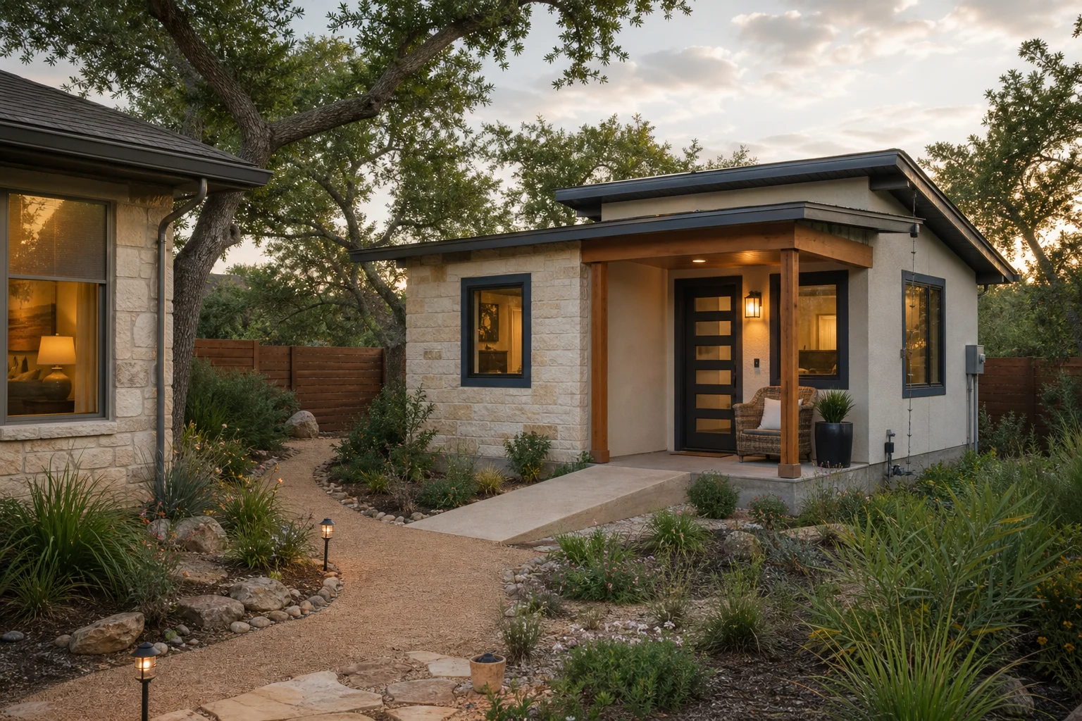 Backyard tiny house for an elderly loved one with zero-step path, covered entry, main house nearby, and Texas native landscaping