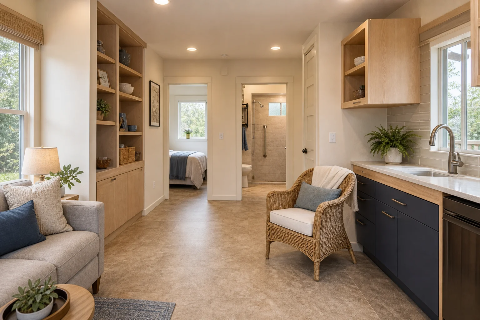 Senior-friendly tiny house interior with wide circulation, daylight, no-step shower view, reachable storage, and compact kitchen