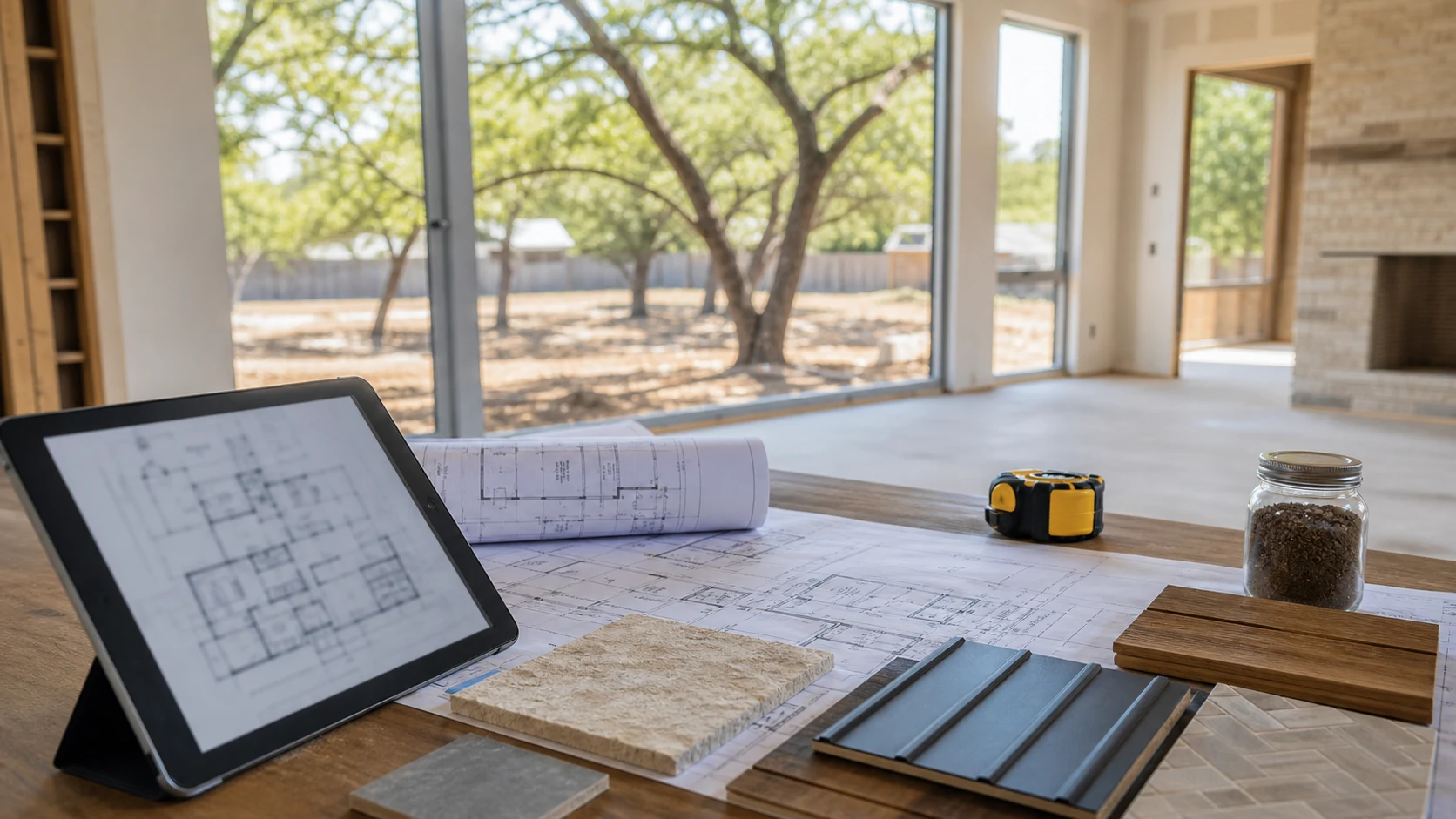 Texas custom home builder planning table with floor plans, material samples, tape measure, soil sample, and site view