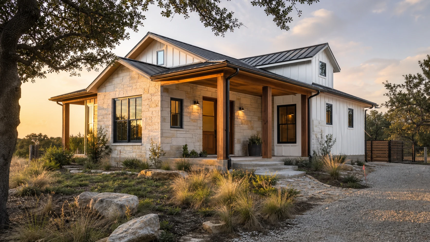 Best Texas home builders custom home with limestone exterior, metal roof, porch, native landscaping, and visible site conditions