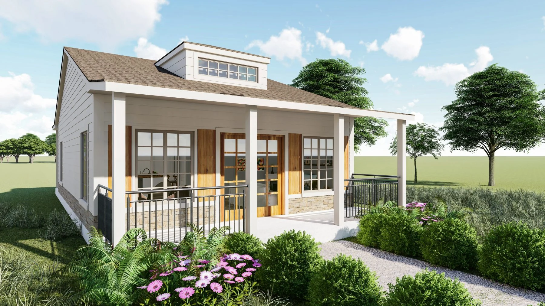 Exterior rendering of the Cedar Creek Ranch accessory dwelling unit with porch and compact ADU footprint