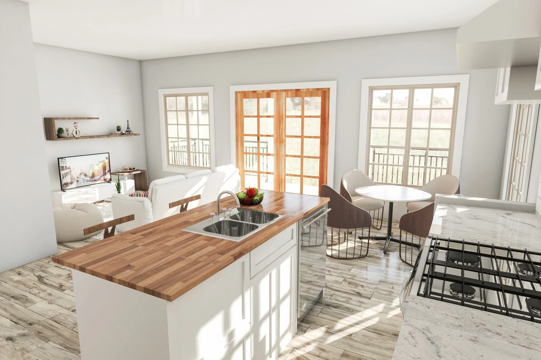 Interior kitchen and living view for the Cedar Creek Ranch 750 square foot accessory dwelling unit
