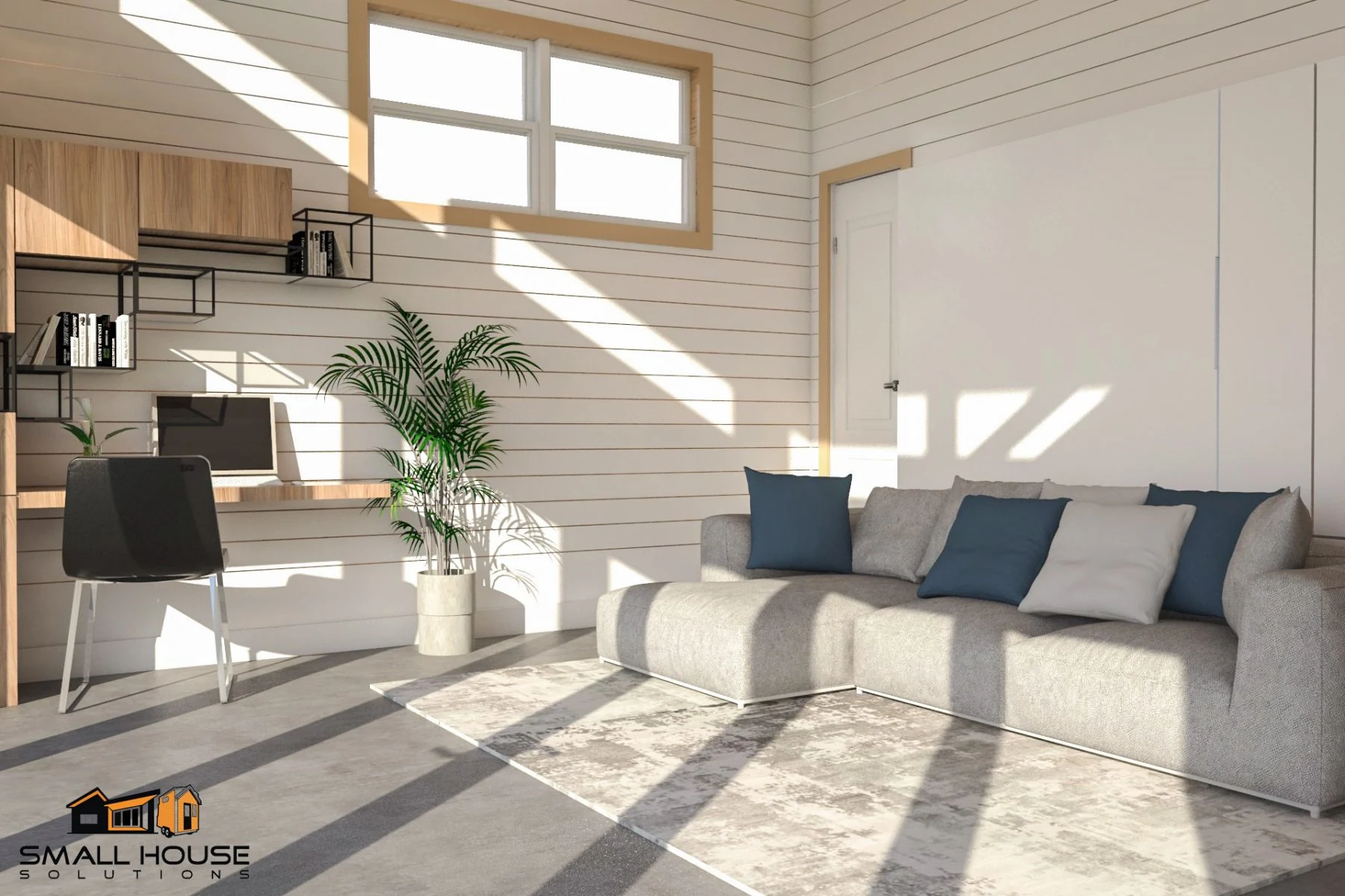 Interior of a compact casita showing living, study, and daylight planning