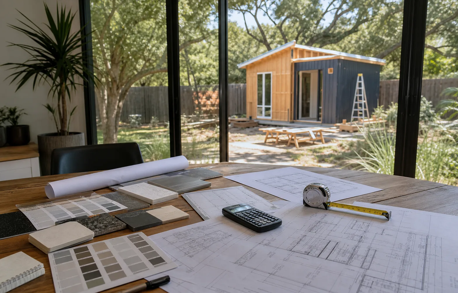 ADU cost planning table with drawings, finish samples, calculator, and backyard unit under construction