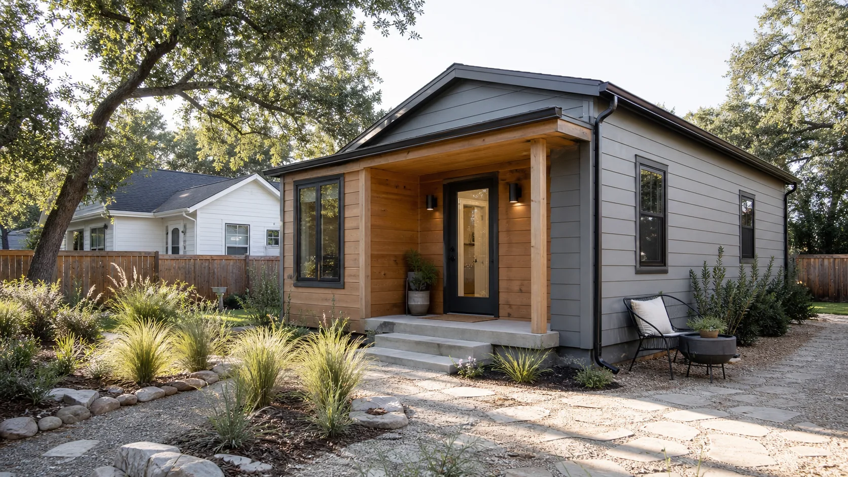Austin backyard ADU with native landscaping and main house nearby