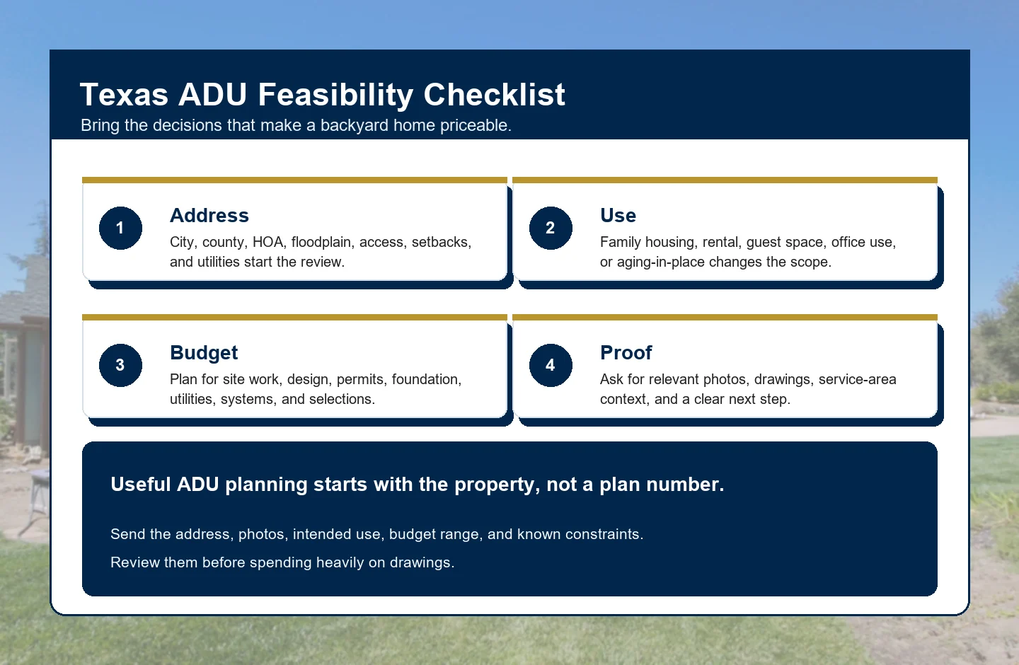Texas ADU feasibility checklist with address, use, budget, and proof cards
