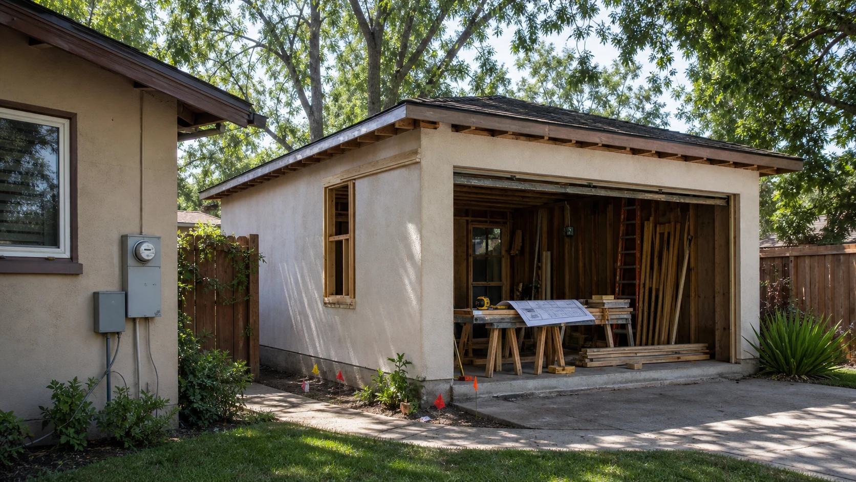 Existing detached garage and workshop structure being evaluated for backyard home conversion with utilities, slab, side access, and framing visible