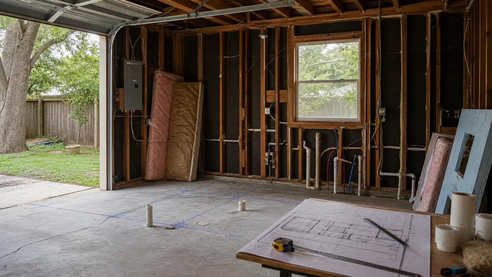 Interior of an existing garage structure with exposed framing, slab markings, plumbing, electrical, insulation, and plans for backyard home conversion