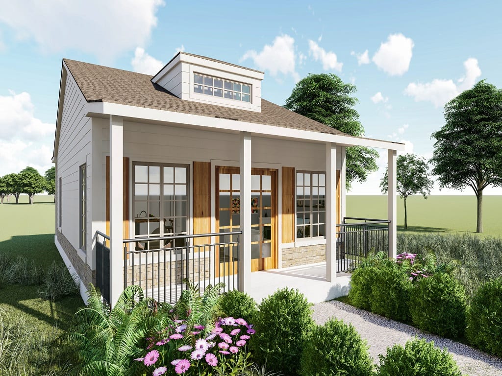 A rendering of a tiny cottage house with a porch available for sale.