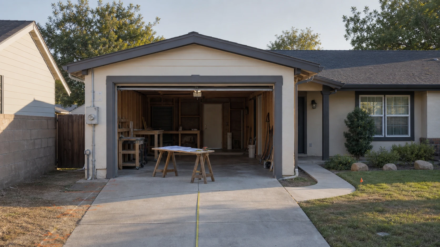 Residential garage with open overhead door, slab, utilities, driveway, and plans showing a garage dwelling classification review
