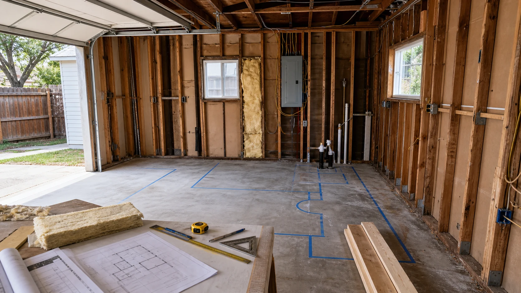 Garage interior with exposed framing, slab layout tape, electrical panel, rough plumbing, windows, insulation, and plans for dwelling habitability review