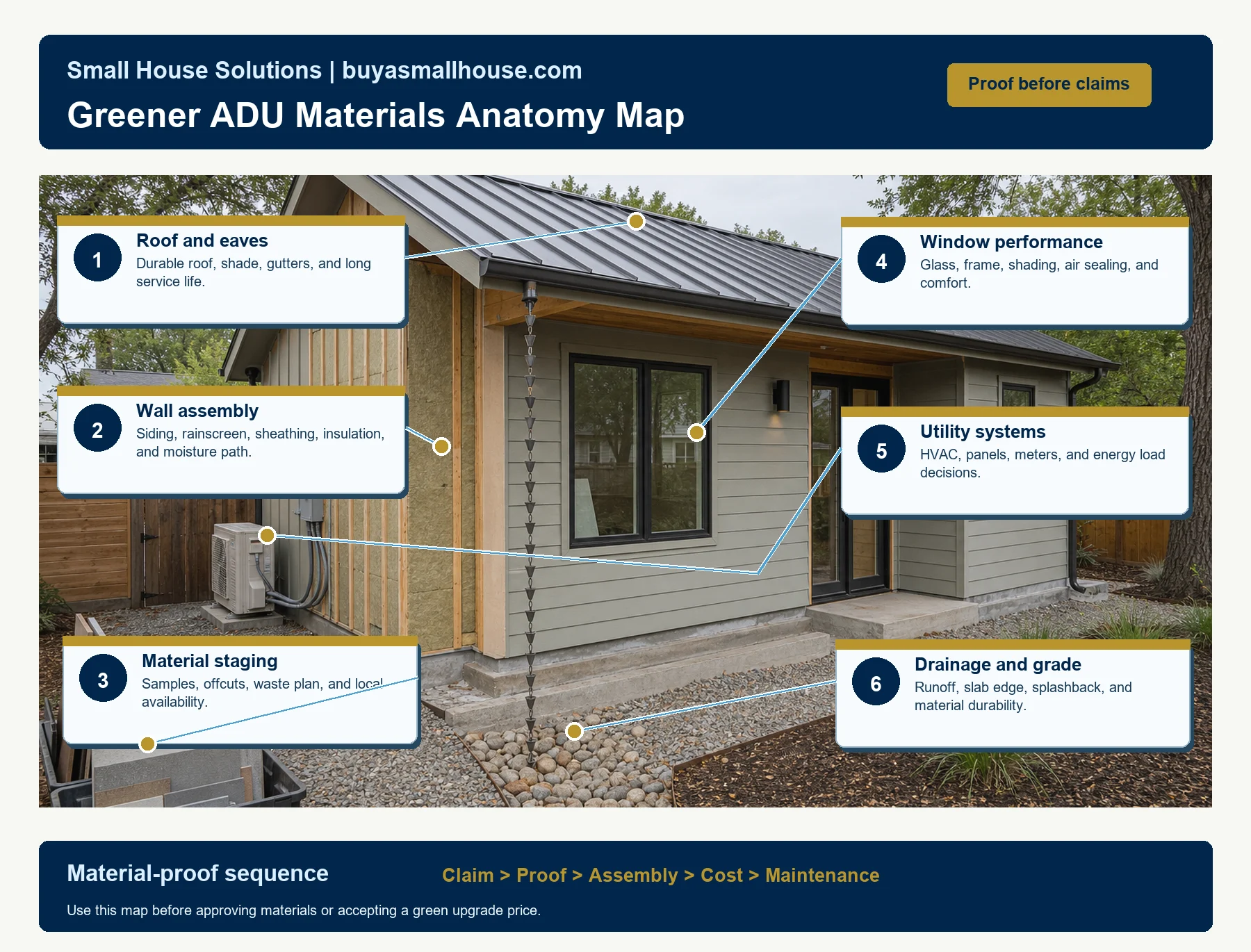 Greener ADU materials anatomy map showing roof eaves wall assembly windows utility systems drainage and material staging